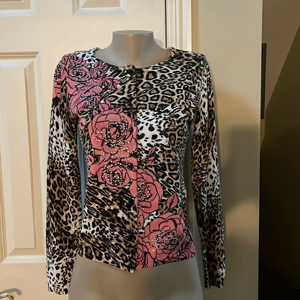 Boston Proper Leopard Print Cardigan with Pink Floral Accents